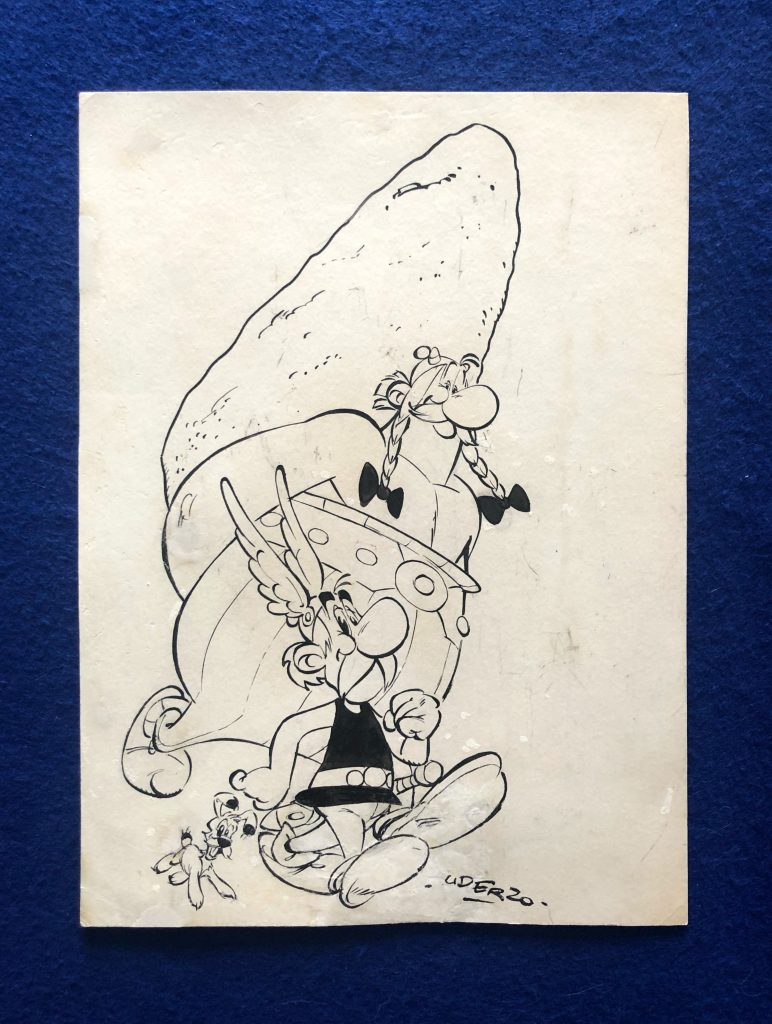 Dessin original d'Albert Uderzo, représentant Astérix, Obelix et Idefix. Probablement réalisé dans les années 70, les ailes d'Asterix sont grandes.