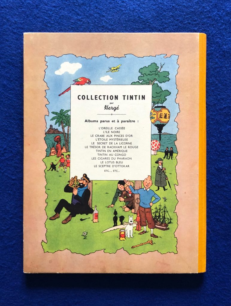 Somptueuse Edition Originale de Tintin au Congo de 1946, 4ème plat B1, Papier épais, dos Pellior Jaune, Pages de garde bleu foncé, Imprimé en Belgique.