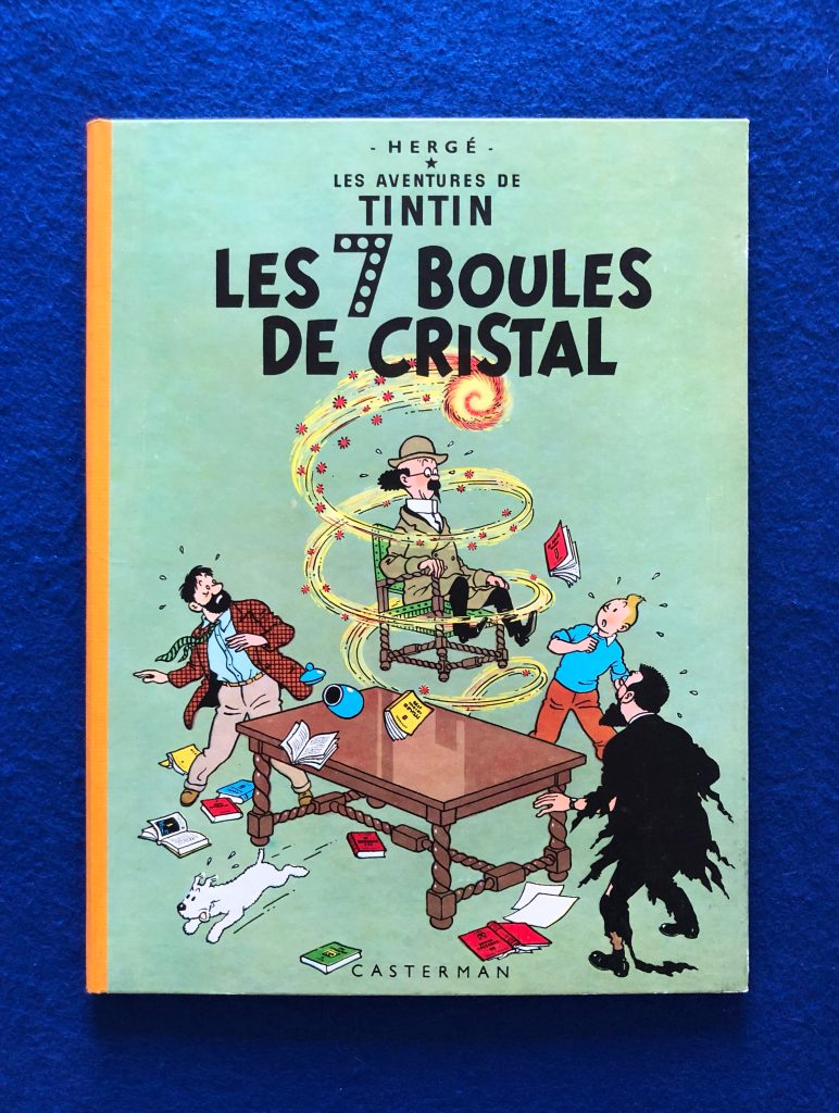 Réédition des 7 Boules de Cristal de 1963, 4ème plat B33, dos Jaune, Pages de garde bleu claire, Imprimé en Belgique.