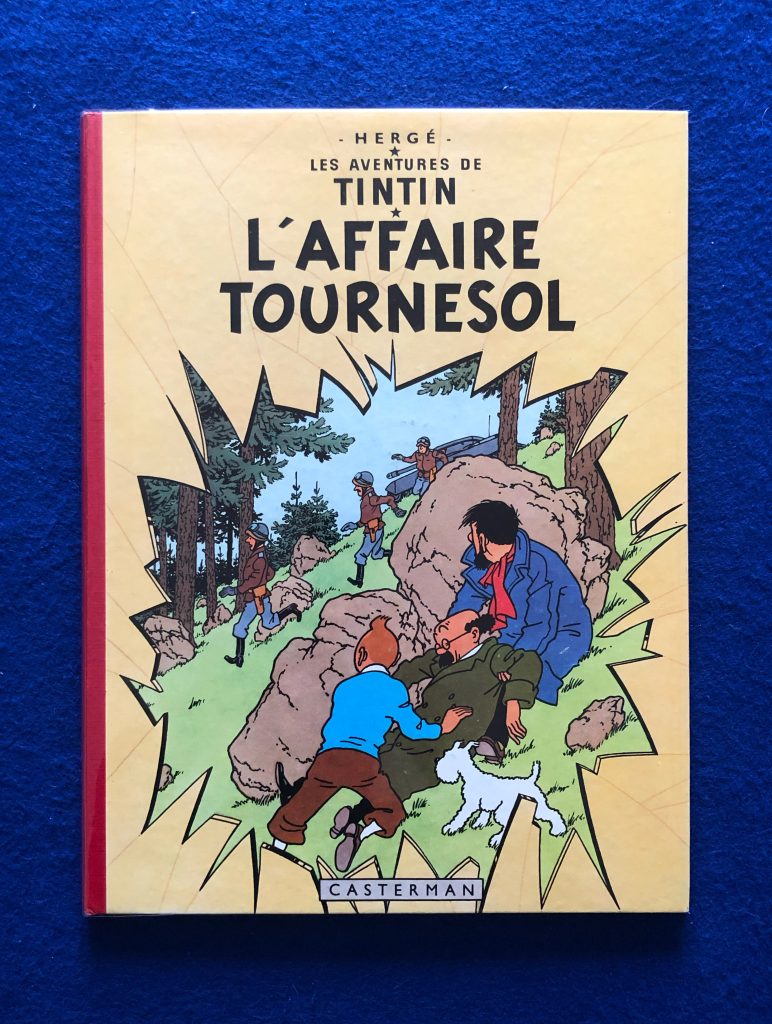 Réédition de L'Affaire Tournesol 1963, 4ème plat B33, dos Rouge, Pages de garde bleu clair, Imprimé en Belgique. proche du neuf.