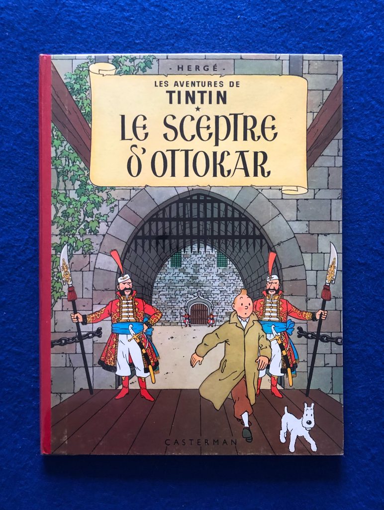 Réédition du Sceptre d'Ottokar de 1960, 4ème plat B26ter, dos Rouge, Pages de garde bleu clair, Imprimé en Belgique.