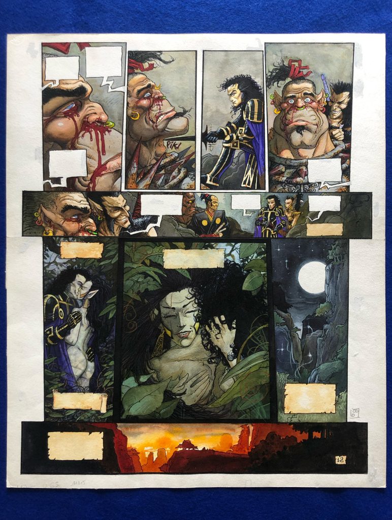 Planche Originale n°12 du tome 3, La Marque des démons, Olivier Ledroit, 1991. Cette planche est issue des Chroniques de la Lune noire.